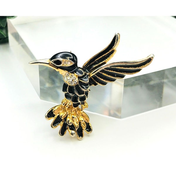 Vintage brooch gold tone sphinx black enamel bird