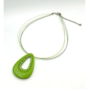 Vintage Necklace Blue And Green Cording With Green Open Teardrop And Rhinestones  15&quot;-17&quot; length