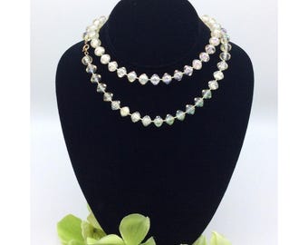 Vintage Clear Resin Aurora Borealis Beaded Necklace With Gold Tone Clasp