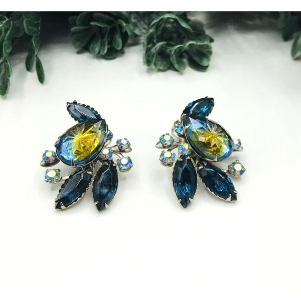 Vintage clip on earrings blue yellow glass gems silver tone by Beau Jewels