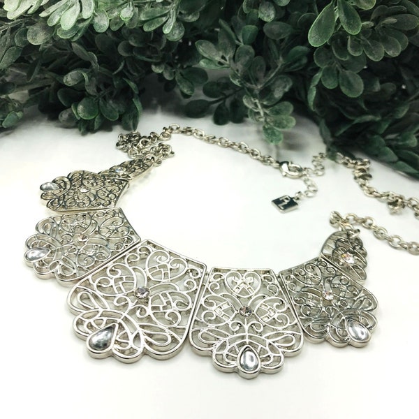 Necklace Silver tone filigree design clear rhinestones by Park Lane 18" length