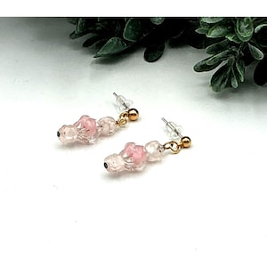 Pink Glass Beaded Dangle Earrings With Gold Accents
