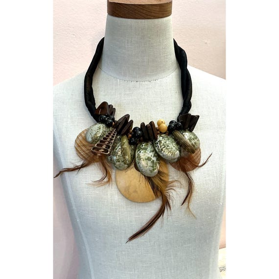 Statement Necklace With Shells Feathers Wood Bead… - image 5