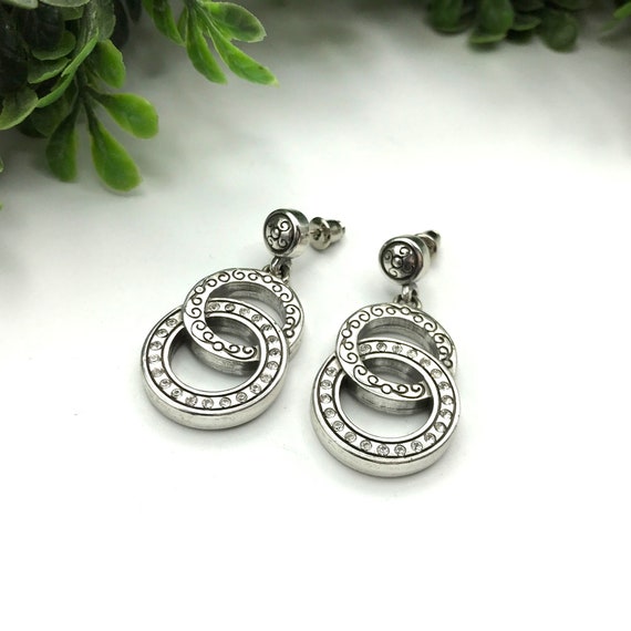 Vintage Earrings silver tone double loops with rh… - image 1
