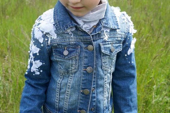 denim jacket with pearls and rhinestones