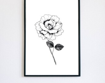 Arte floral de la pared, rosa blanca y negra, descarga digital, arte floral imprimible, decoración del hogar, flor minimalista imprimible