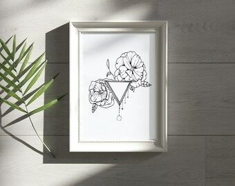 Zwart-wit geometrische botanische bloemenprint, digitale download, minimalistische moderne kunst aan de muur, home decor print