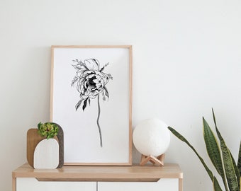 Black and White Botanical Peony Print, Digital Download, Printable Floral Artwork, Home Decor, Minimalist Wall Art