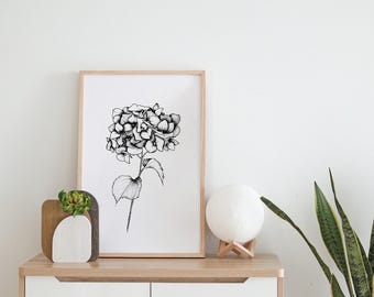 Hydrangea Flower Print, Digital Download, Printable Floral Artwork, Black and White Home Decor, Minimalist Wall Art