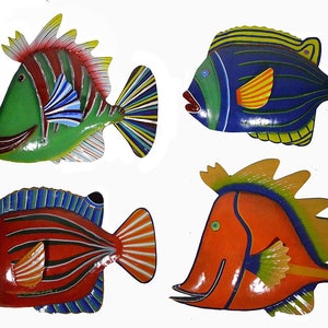 Set of 4 Large Beautiful Unique COLORFUL Nautical Fish hand crafted out of Metal Wall Hanging Art