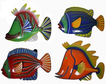 Set of 4 Large Beautiful Unique COLORFUL Nautical Fish hand crafted out of Metal Wall Hanging Art