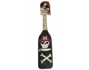 Hand Carved Beautifully Detailed PIRATE SKULL PADDLE Oar Wall Art with Bandanna Design Ship Wreck Treasure Hunt Kids Room Boy Decor