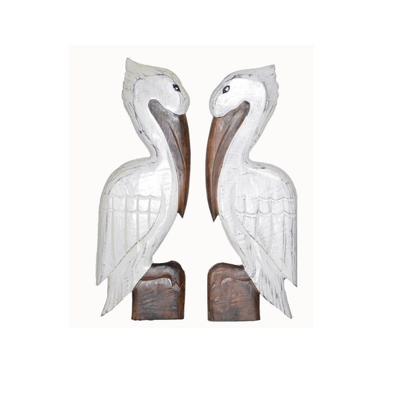 20" SET OF 2 Hand Carved Flying Colorful Wood Pelican Wall Art Hang on Tropical Nautical Decor Sign