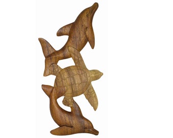 Hand Carved Wood DOLPHIN TURTLE Wall Art Plaque Hanging Tropical Nautical Coastal Island Decor