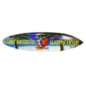 Hand Crafted Hard Wood AIRBRUSHED Art Large 39" "Any Hour Is HAPPY HOUR" Surfboard Beer Tiki Bar Sign