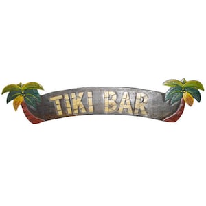 TIKI BAR de madera tallada a mano de 39 "con dos palmeras bebiendo letrero de tabla de surf de playa