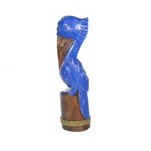 14" Hand Carved Wood BLUE PELICAN Nautical Coastal Cottage Boat Lake House Statue Art