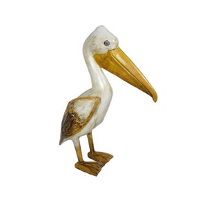 Hand Carved Wood WHITE PELICAN Nautical Coastal Cottage Boat Lake House Statue Art