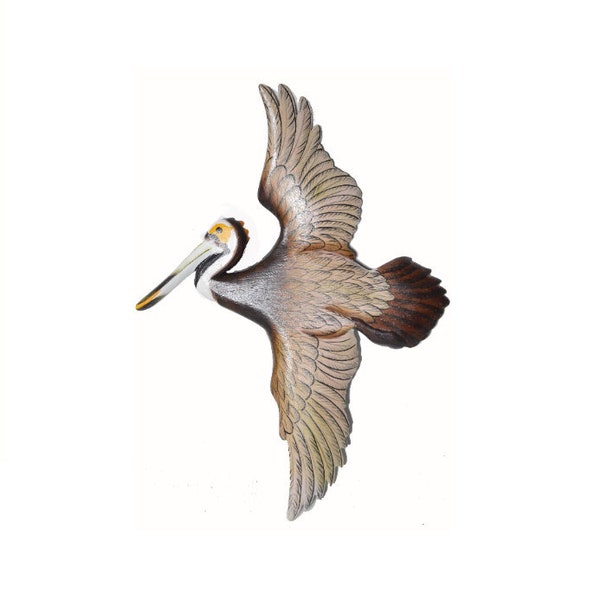 Hand Carved Flying Colorful Wood Pelican Wall Art Hang on Tropical Nautical Decor Sign