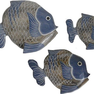 Beautiful Unique Set of 3 WALL Hanging BLUE FISH Nautical Contemporary Wood Art