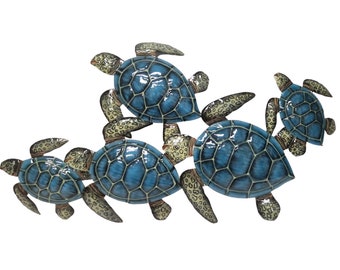 BLUE Turtles LG Hand Crafted Metal Wall Art Hanging Tropical Ocean Nautical Decor