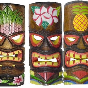 Tiki Mask SET of 5 Hand Carved Polynesian Hawaiian 12 In Tall turtle pineapple colorful flower parrot