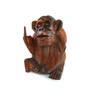 6" Wooden Monkey with MIDDLE FINGER Bad Statue Hand Carved Handmade Tiki Décor She Shed Man Cave