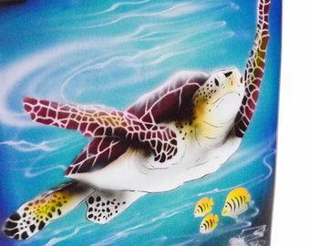 Sea Turtle Hand Crafted Airbrushed Surfboard on Hardwood Palm Tree