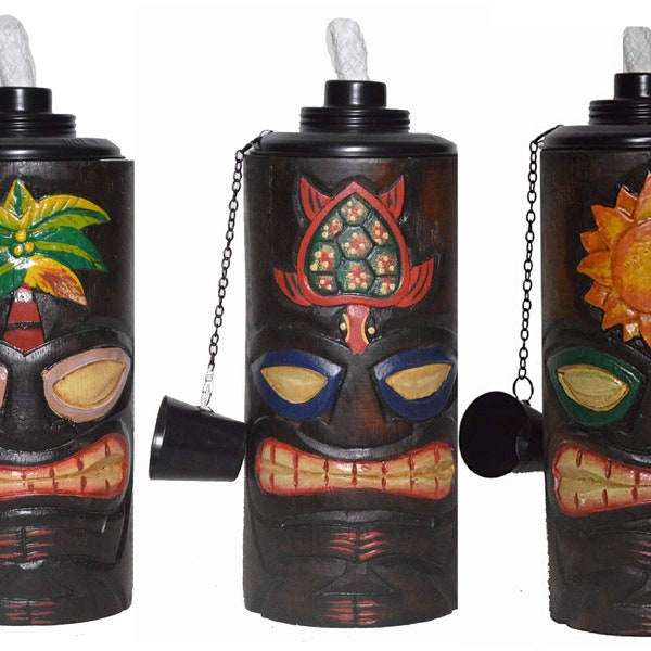 Set 3 TIKI FACE TORCHES Table Top Handmade Totem Mask Tropical Polynesian Hawaiian Turtle Design Garden Patio Bar Outdoor Décor Pool Beach