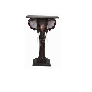 Hand Carved Wooden Elephant End Table Plant Stand Sculpture