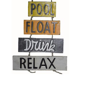 Hand Carved Wooden Pool RELAX FLOAT DRINK Rules Boat Canoe Fish Read Smile Swim Dive Wall Art Sign