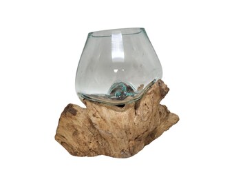 Teak Wood Glass Terrarium Hand Blown #O