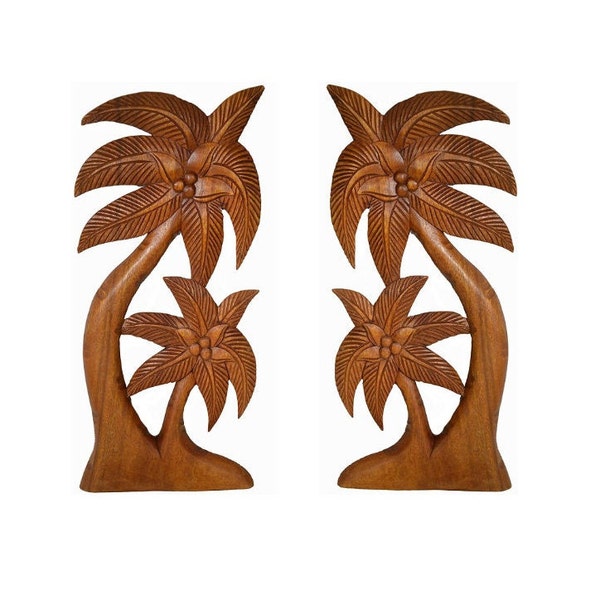Hawaiian Palm Trees Set of 2 Handmade Mahogany Wood with Coconuts Tropical Island Wall Art