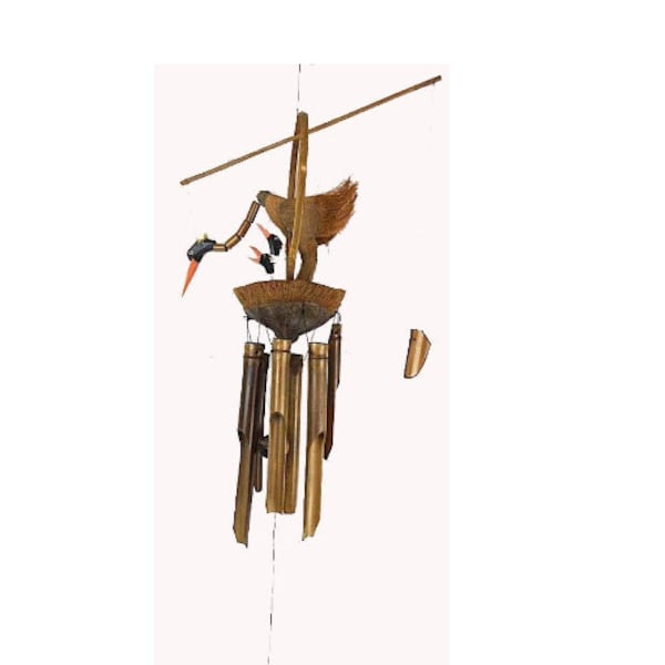 Large Beautiful Bamboo Bobbing GOONIE BIRD with BABY Birds Wind Chime Outdoor Garden Lanai Decor Musical Sound