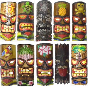 Tiki Mask SET of 10 Hand Carved Polynesian Hawaiian 12 In Tall turtle pineapple colorful flower parrot