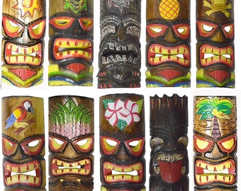 Tiki Mask SET of 10 Hand Carved Polynesian Hawaiian 12 In Tall turtle pineapple colorful flower parrot