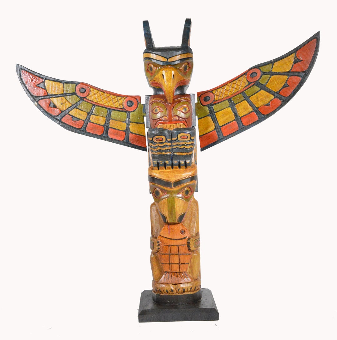 20 Large Tall Northwest Coast Style Wooden Eagle With Fish Totem Pole