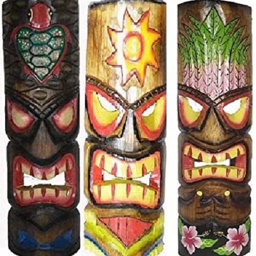 WorldBazzar 20 Inch Large Set Of 5 Polynesian Hawaiian Tiki Style Wall Masks Green Brown White Pink Yellow Red