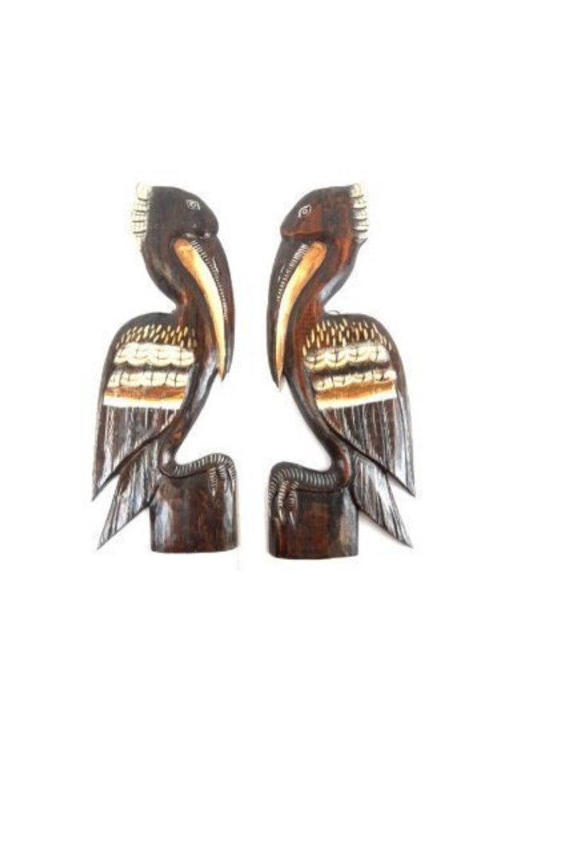 Hand Carved Wood SET of 2 Brown PELICANS Wall Art Hanging Etsy
