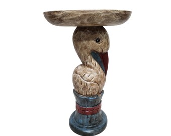 Pelican Table Hand Carved and Painted Wood with Fish Carving Plant Stand