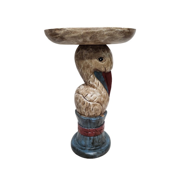 Pelican Table Hand Carved and Painted Wood with Fish Carving Plant Stand