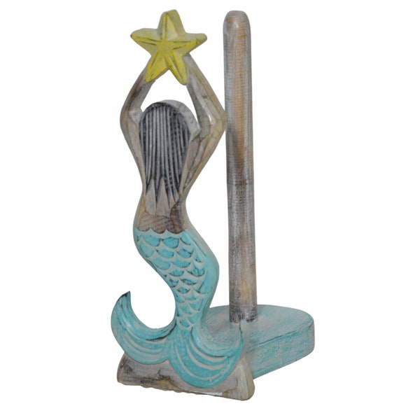 MERMAID Sea Star Hand Carved Wood PAPER TOWEL Holder Carving Kitchen Decoration Décor Nautical Statue Gadget Sculpture