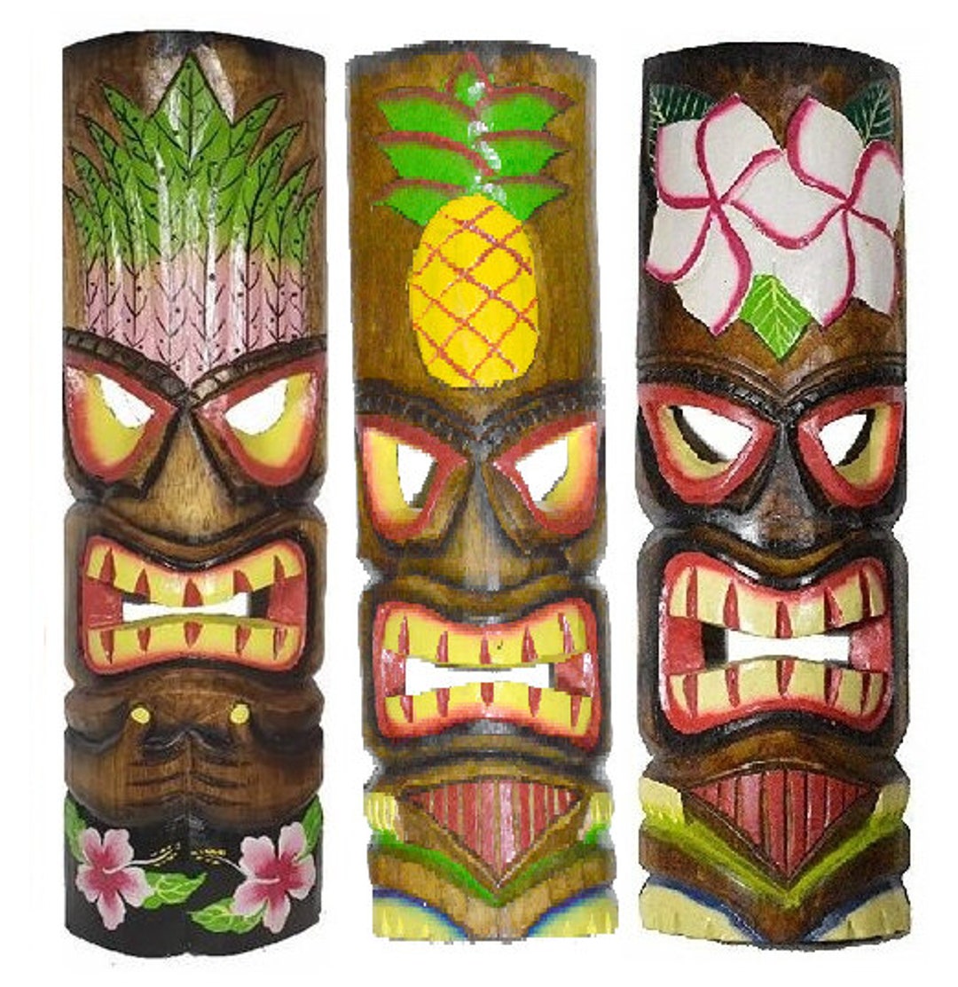 WorldBazzar 20 Inch Large Set Of 5 Polynesian Hawaiian Tiki Style Wall Masks Green Brown White Pink Yellow Red