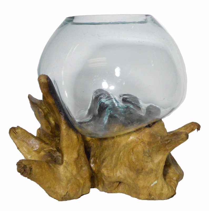12.5 Hand Mouth Molten Glass Bowl Drift Base Wood Nautical Fish Aquarium Terrarium A4