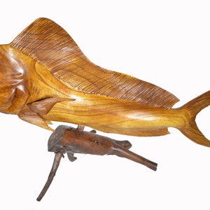 Handmade Large MAHOGANY MAHI MAHI Dolphin Fish Statue Carving Ocean Sport Home Decor Art Tropical Island Tiki Bar