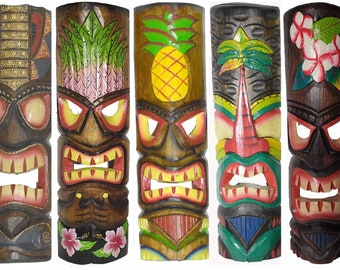 WorldBazzar 20 Inch Large Set Of 5 Polynesian Hawaiian Tiki Style Wall Masks Green Brown White Pink Yellow Red