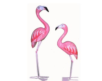 Flamingos Set of two 20" and 16" Tall Hand Carved Beautiful Wood Metal Bird Sculpture Tropical Home Decor