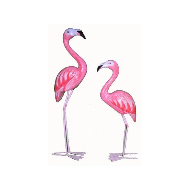 Flamingos Set of two 20" and 16" Tall Hand Carved Beautiful Wood Metal Bird Sculpture Tropical Home Decor