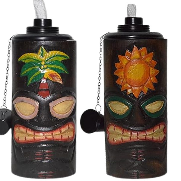 Set 2 TIKI FACE TORCHES Table Top Handmade Totem Mask Tropical Polynesian Hawaiian Turtle Design Garden Patio Bar Outdoor Décor Pool Beach