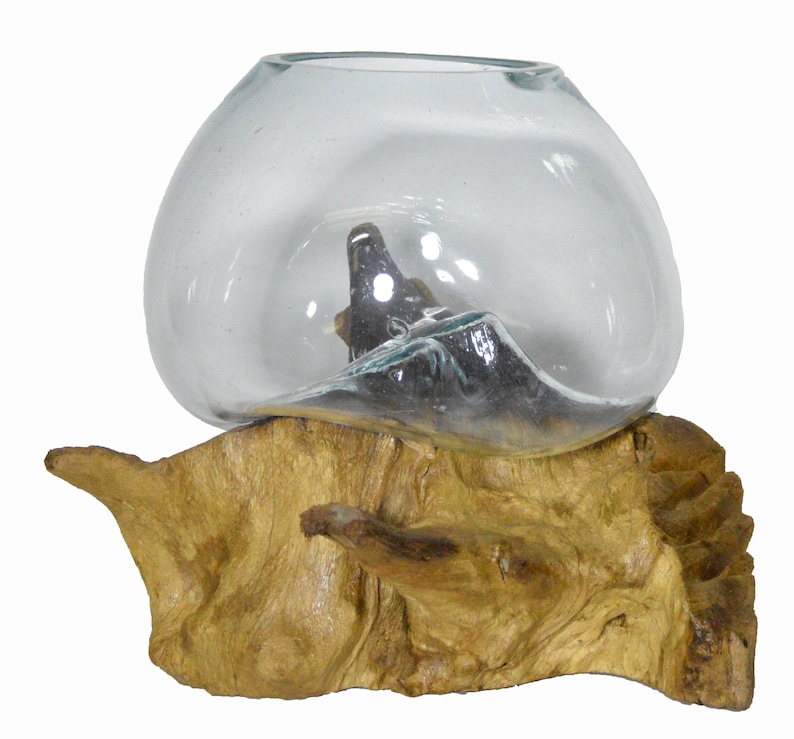 12.5 Hand Mouth Molten Glass Bowl Drift Base Wood Nautical Fish Aquarium Terrarium A4